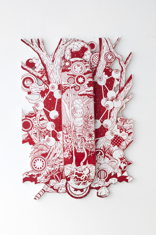 Kenichi Yokono - Visionary, 2012, Woodblock cut on plywood and skateboard