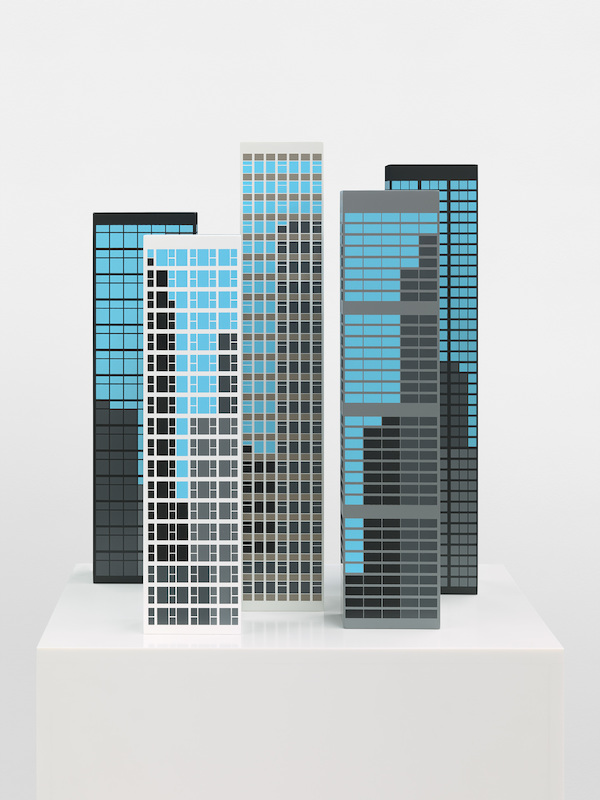Julian Opie - Modern Towers 2 (A-E), 2017, silkscreen on spray-painted wooden blocks